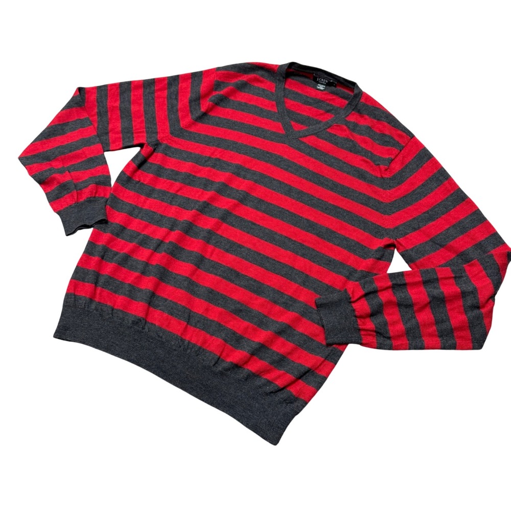 J Crew Mens XL Italian Merino Wool V-Neck Sweater Red Grey Striped Pullover